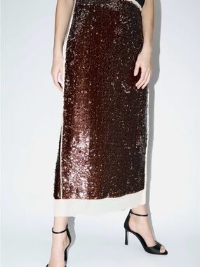Zara Sequin Midi Skirt in Brown with Chiffon Hem
